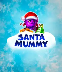  Behold the unique "Santa Mummy" slot game by Belatra, featuring a mummified Santa dressed in festive holiday attire. This colorful image presents the mummy with a bright purple hue, wearing a Santa hat, surrounded by snowy blue with frosty snowflakes. The game's title, "Santa Mummy," is boldly written in large, frost-like blue letters.