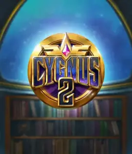 Experience the enchanting artwork of ELK Studios' Cygnus 2 Slot, featuring a luxurious emblem with a bright design in purple and gold. Set against a starlit library setting, this graphic conjures the theme of exploration and mystery. 